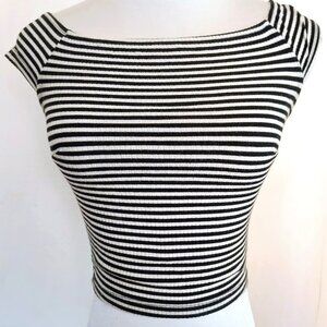 Bebe White and Black Striped Crop Top with Cap Sleeves